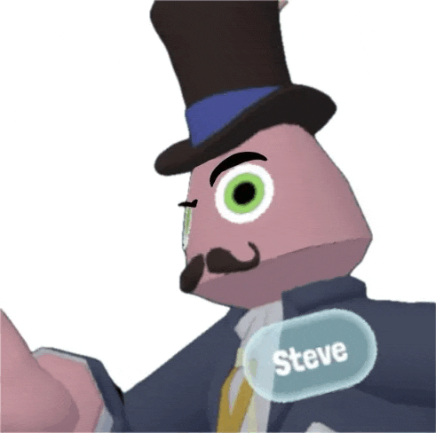 a cartoon character with a top hat and mustache has a button that says steve