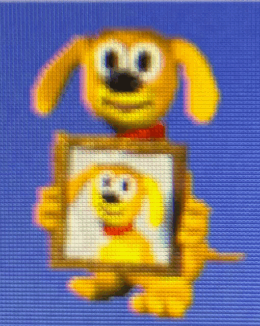 a cartoon dog holding a picture of himself