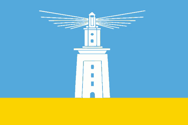 a blue and yellow background with a white lighthouse