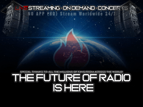 a poster that says the future of radio is here with a picture of the earth