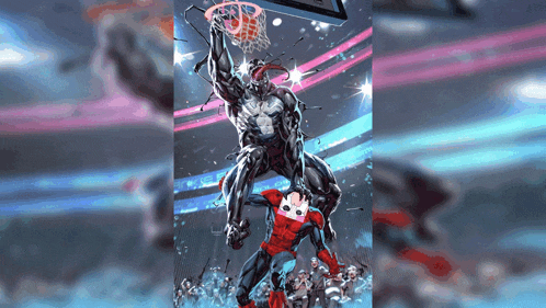 a comic book illustration of venom playing basketball with spider man