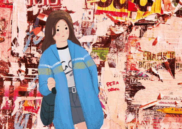 a drawing of a girl standing in front of a wall with a sign that says " pera " on it