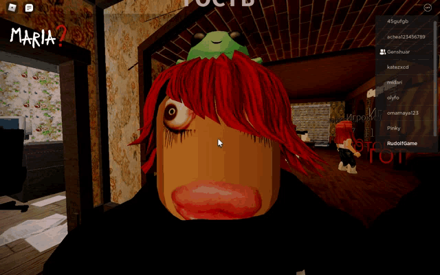 a person with red hair and a green frog on their head is playing a game called maria