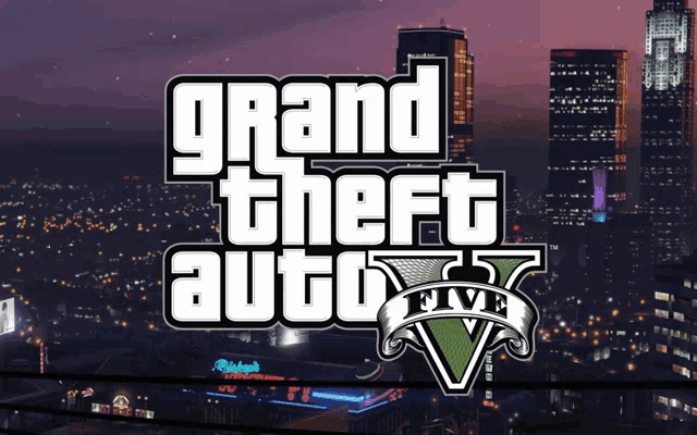 the grand theft auto 5 logo is displayed on a cityscape background