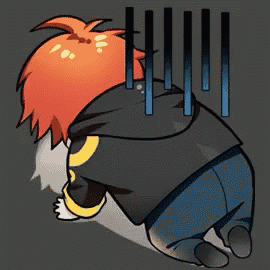 a cartoon character with red hair is kneeling down in front of a wall .