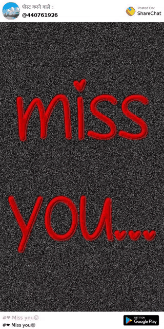 a poster that says miss you in red letters on a gray background .