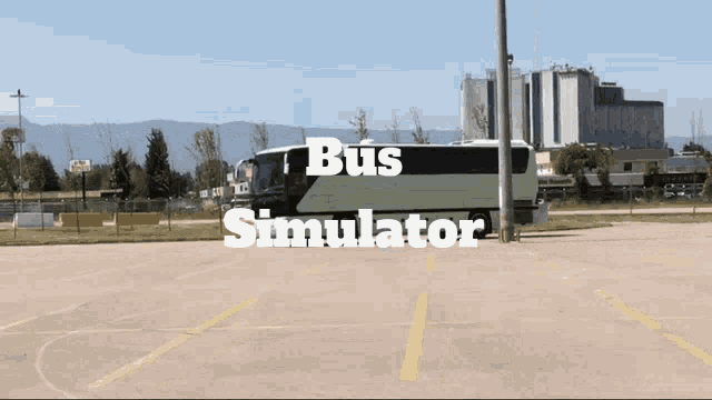 a bus is parked in a parking lot with the words bus simulator below it