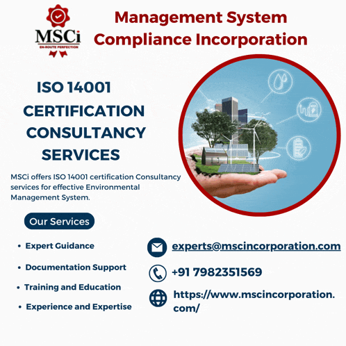 an advertisement for msci compliance incorporation offers iso 14001 certification consultancy services for effective environmental management system