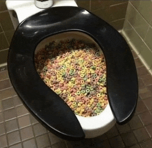 a toilet seat filled with cereal rings in a bathroom