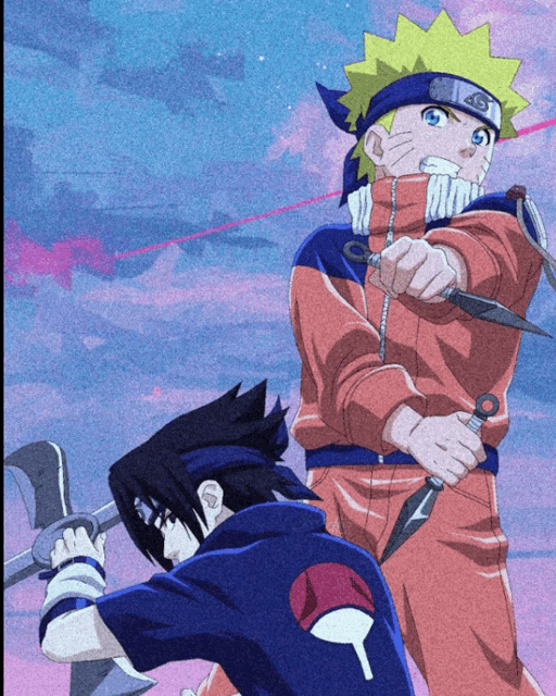 a cartoon of naruto and sasuke fighting with their knives