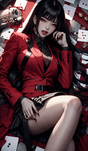 a woman in a red suit sits on a table with playing cards around her