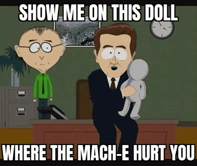 a cartoon of a man holding a stuffed doll that says show me on this doll