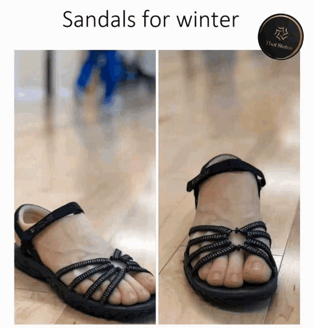 a pair of black sandals with the words " sandals for winter " above them