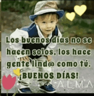 a little boy wearing a hat and vest is standing on a sidewalk with a quote in spanish .