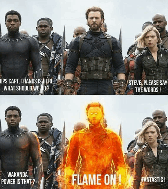 a group of people standing next to each other with the words flame on at the top