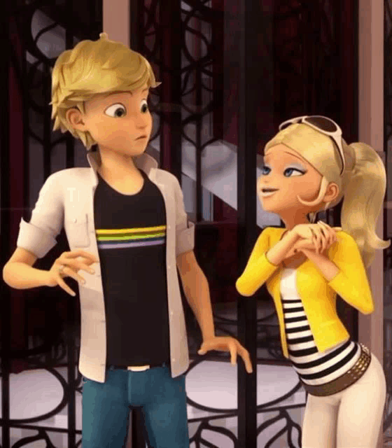 a boy and a girl are standing next to each other and holding hands