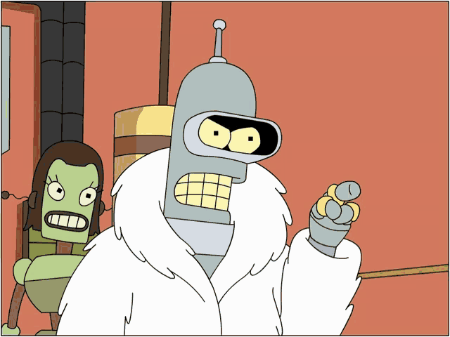 bender from futurama is wearing a white coat and pointing