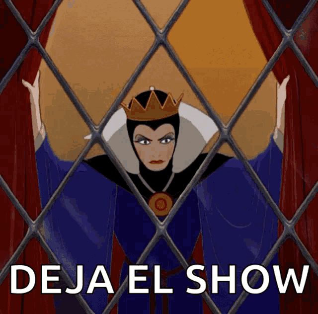 the evil queen from snow white and the seven dwarfs is behind a stained glass window with deja el show written below her