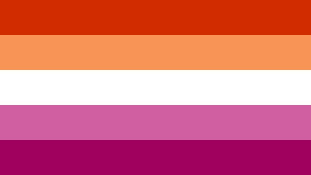 a lesbian flag with orange , white , and purple stripes .