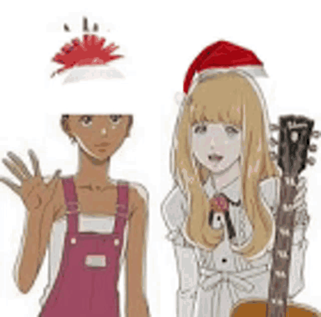 a girl wearing a santa hat is holding a guitar next to another girl .