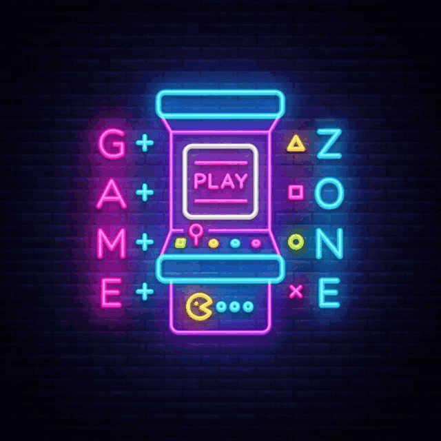 a neon sign of an arcade machine with the word play on it