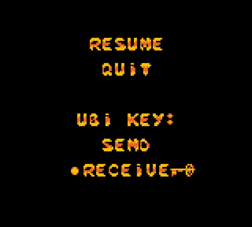 a screen that says resume quit and ubi key send receive