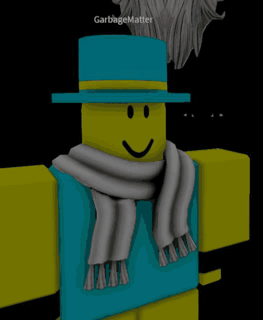 a roblox character wearing a blue hat and a scarf with garbage matter written on the bottom