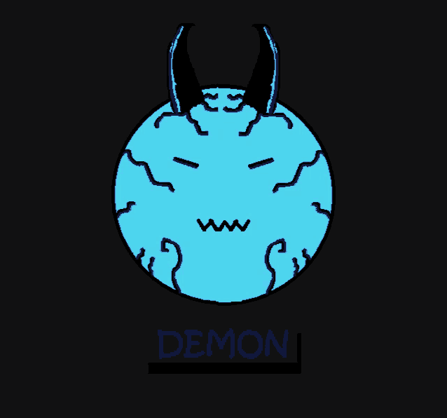 a drawing of a demon with horns and the word demon under it