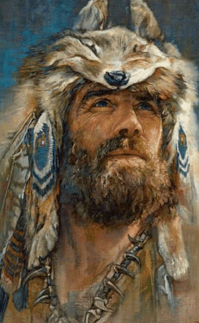 a painting of a man wearing a wolf hat and feathers