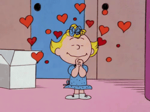 a cartoon of a girl with hearts coming out of her head