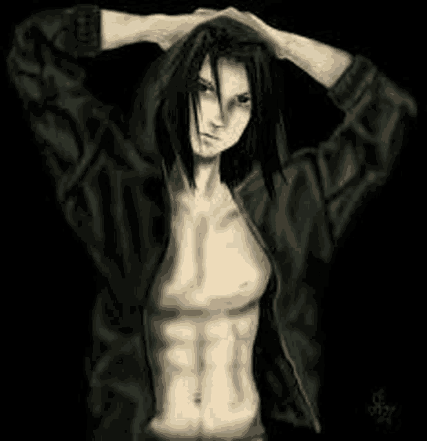 a black and white drawing of a shirtless man in a hooded jacket .