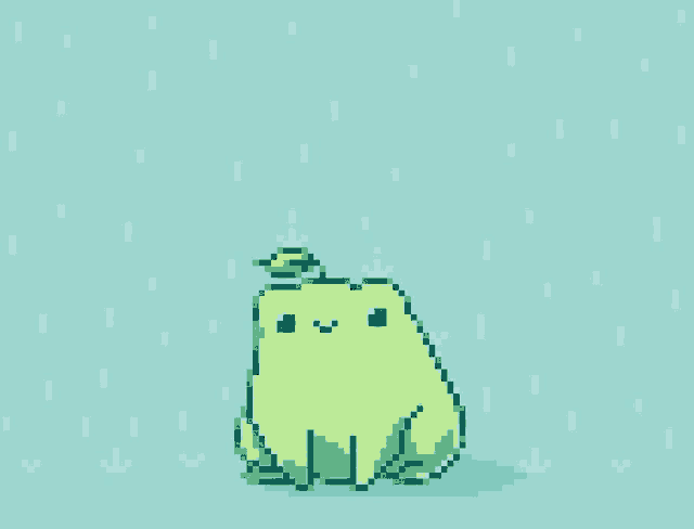 a pixel art of a frog wearing a hat in the rain