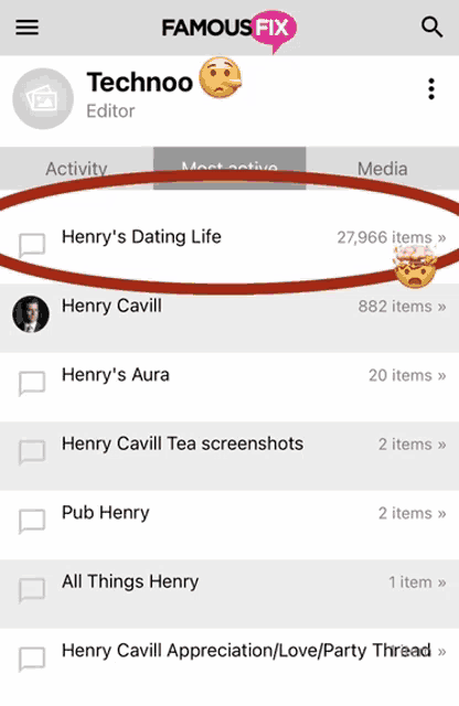 a screenshot of the famousfix app showing henry 's dating life and henry 's aura