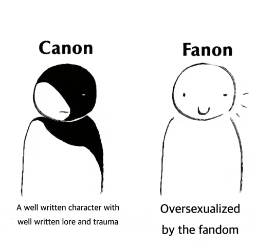 a black and white drawing of a canon character and fanon character