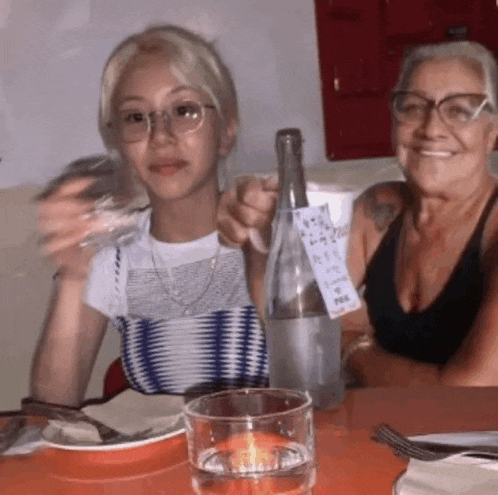 a young girl and an older woman are sitting at a table holding glasses of wine .