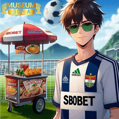 a soccer player wearing a sbobet jersey stands next to a food cart