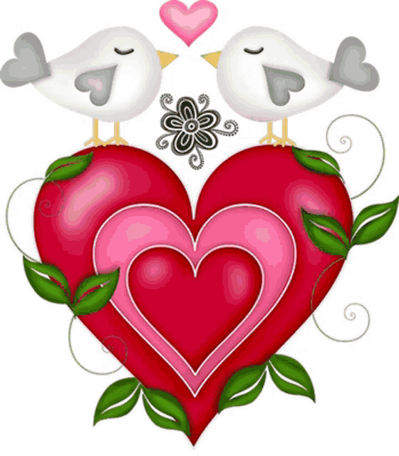 two birds are sitting on top of a heart