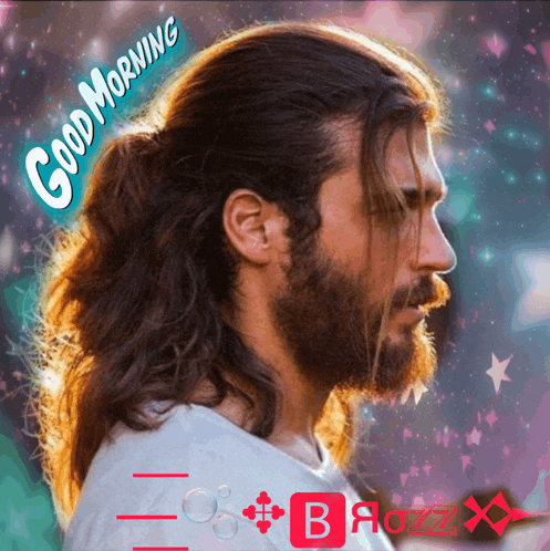 a man with long hair and a beard is on a good morning greeting card