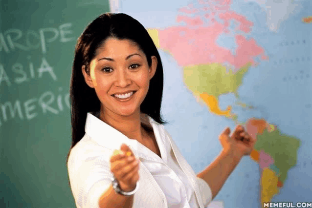 a woman stands in front of a blackboard that says europe asia america