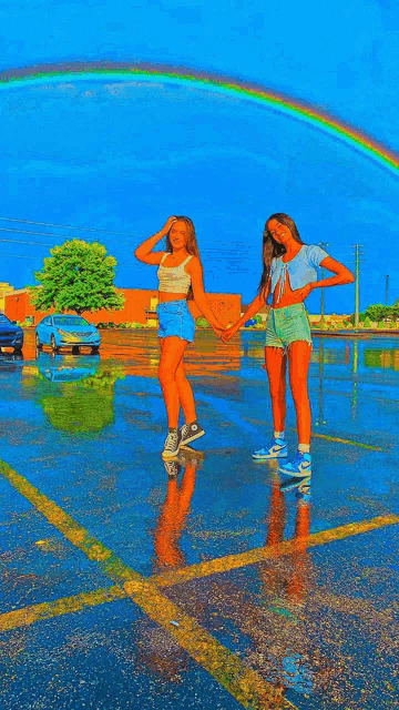 two girls standing in a parking lot under a rainbow