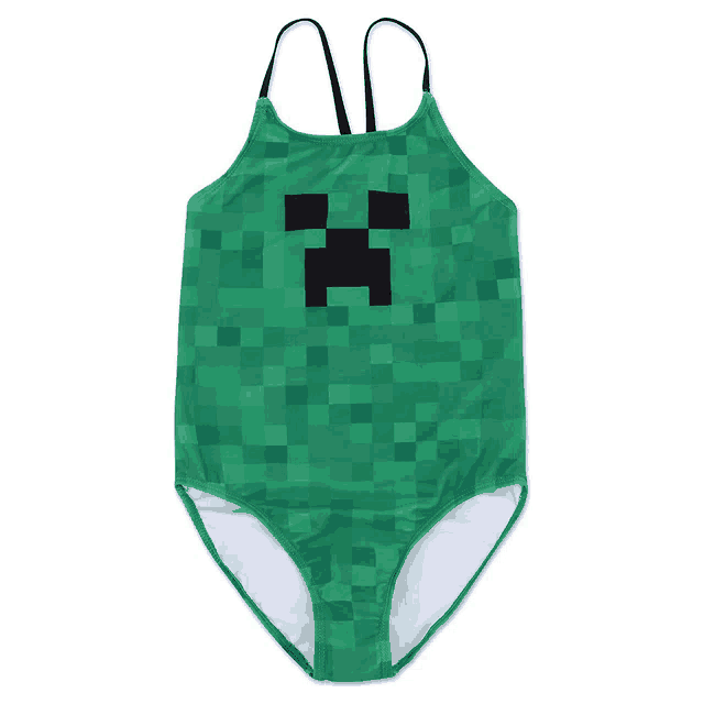 a green minecraft swimsuit has a creeper on it