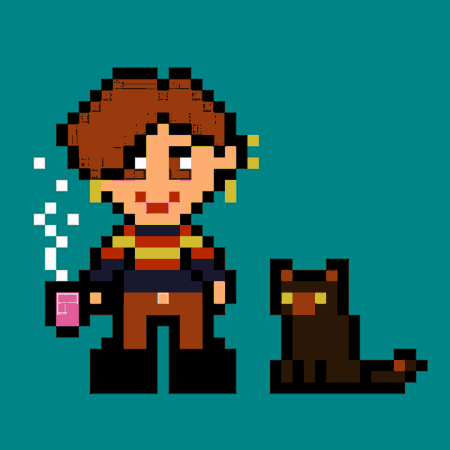 a pixel art of a woman holding a cup next to a dog with a heart on its head