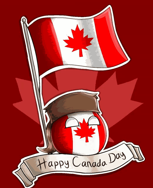 a cartoon drawing of a canadian flag and a canadian ball with the words happy canada day below it