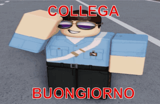 a cartoon character with sunglasses and the words collega buongiorno on the bottom