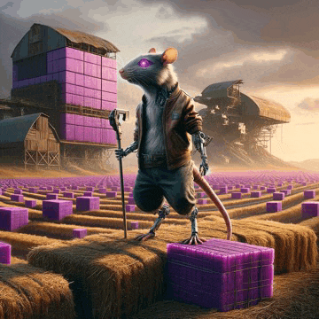 a rat with purple eyes is standing in a field of purple blocks