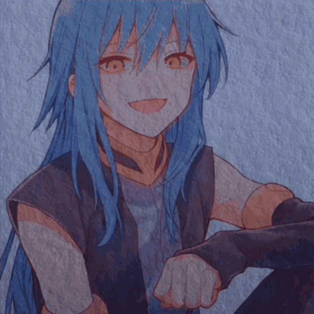 a blue haired anime character with yellow eyes