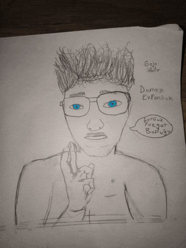 a drawing of a shirtless man with glasses and a speech bubble that says " galo isbir "