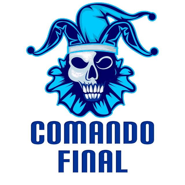 a logo for comando final shows a skull with a jester hat