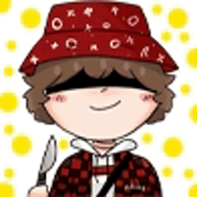 a cartoon character wearing a red hat and a plaid shirt is holding a knife .