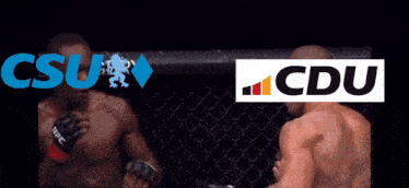 two men are fighting in a cage with a cdu logo in front of them